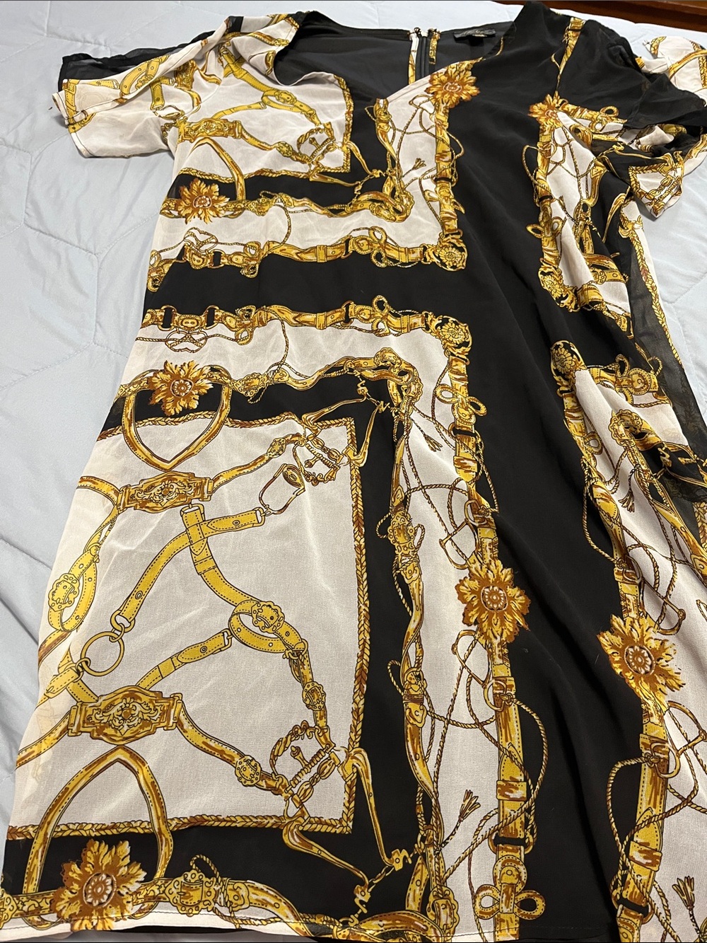 Thalia Sodi Black, Cream & Gold Chain-Print Midi Dress